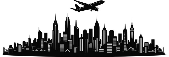 Black and white city skyline with airplane flying overhead buildings skyscrapers © Riyaj Vector Valley