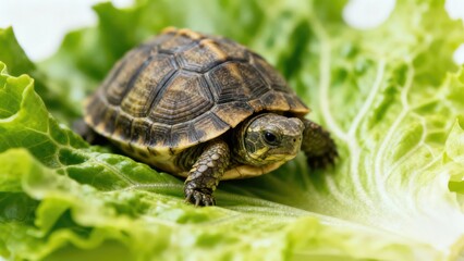 Obraz premium Little turtle on green lettuce leaf, enjoying fresh meal. Reptile animal pet close up. Healthy diet feeding for tortoise.