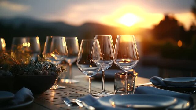 Sunset behind place settings display luxury patio dining table elegant outdoor entertainment premium lifestyle experience sophisticated al fresco setting defocused twilight