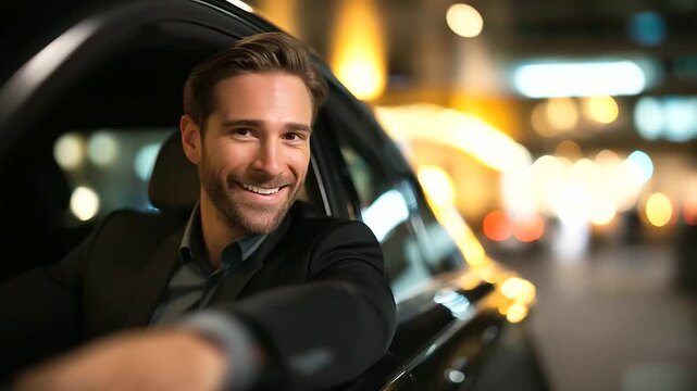Faceless smiling man in black suit driving luxury car night city lights atmosphere executive transportation moment professional lifestyle experience defocused urban background