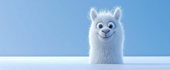 Fototapeta premium Cute fluffy white cartoon llama smiling on a light blue background, animated character with big eyes and a friendly expression.