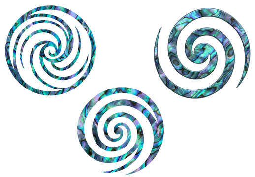 Paua shell koru spirals set. Iridescent New Zealand Maori traditional motifs, transparent background, isolated PNG. 