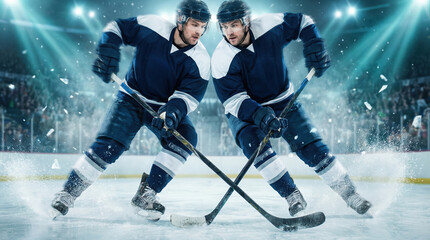 Obraz premium Two Ice Hockey Players Pivoting Aggressively on Rink with Dynamic Energy