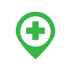 Obraz premium Map Marker Icon with Hospital Cross, Medical Location Pin Symbol, Healthcare Map Vector