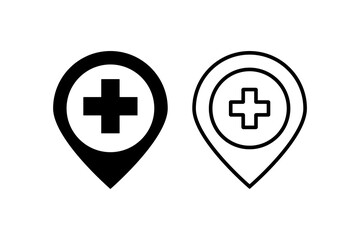 Obraz premium Hospital Map Pin Icon, Medical Location Marker with Cross, Healthcare Facility Vector Symbol