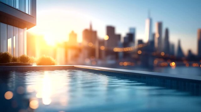 Infinity pool with skyline background display luxury condo rooftop setting city view vacation travel modern architecture elegant design sophisticated lifestyle representation