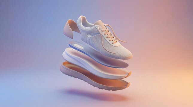 Exploded View of Shoe Anatomy with Floating Components on Gradient Background