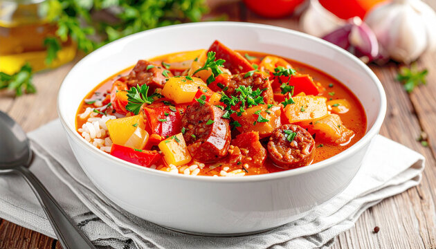 Hungarian lecso with tomatoes, peppers, onions, sausage, and white rice. AI