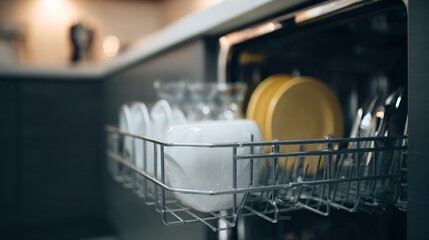 Silver dishwasher with a rack full of dishes
