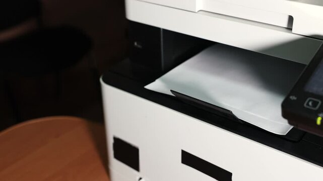 Close-up of a modern office printer producing printed documents, symbolizing business workflow, paperwork, and everyday office technology in action.