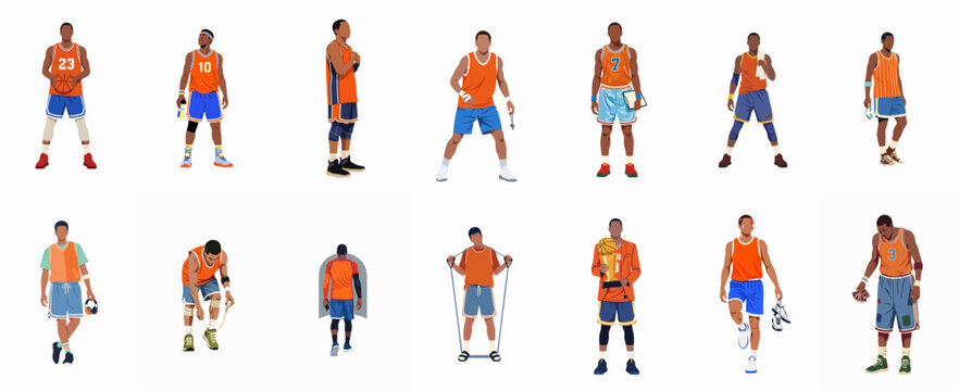 A collection of diverse flat illustrations showcasing African American basketball players in action, training, and victory, isolated on white background.