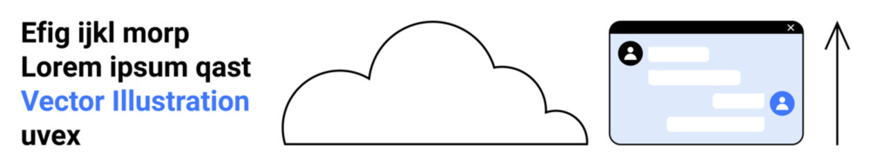 Fototapeta premium Cloud storage, digital progress, online communication, data transfer, technology growth, web applications. Cloud icon, chat interface arrow showing upward progress. Cloud storage and digital