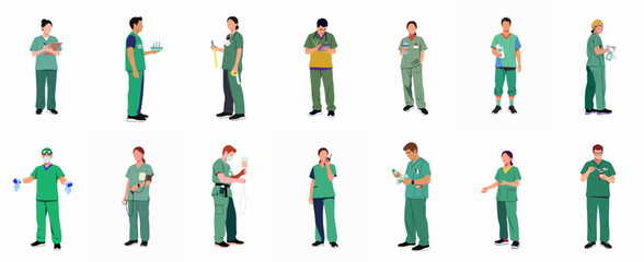 Diverse collection of medical professionals, including doctors and nurses in green scrubs, performing various healthcare tasks. Flat vector illustration set.