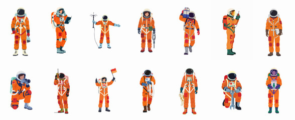 Collection of astronauts in orange spacesuits conducting space exploration, scientific research, and repair activities, isolated on white background. © Telu