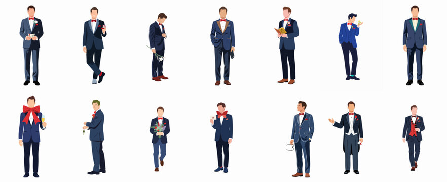 Elegant vector set of men in formal dark blue suits and tuxedos, showcasing various gestures and props for weddings, celebrations, and special occasions.