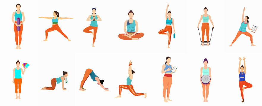Yoga poses and fitness exercises collection featuring a woman using accessories like mats, resistance bands, and meditation props.