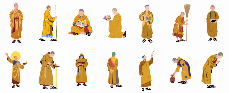 Collection of Buddhist monks in traditional robes demonstrating spiritual practices, daily tasks, and monastic life in vector illustration set.