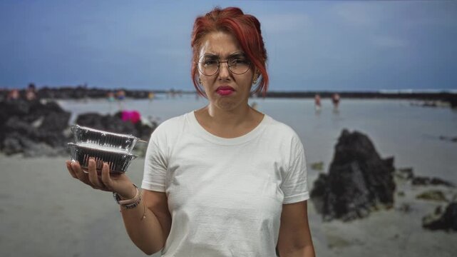 Woman holding clear takeout containers with palm up at beach while wearing glasses and white tee; frustration waste.
