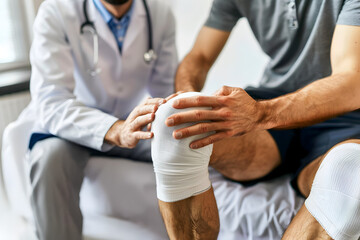 Obraz premium Male patient with bandaged knee receiving medical examination from doctor in white coat, sitting on examination table in a well-lit medical office