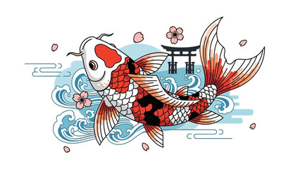 Colorful koi fish illustration with traditional japanese elements