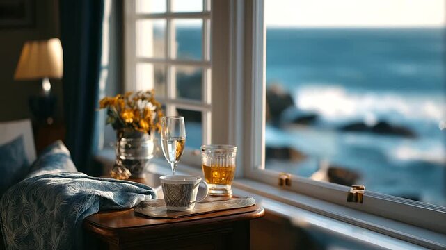 Cozy hotel room with ocean view window display peaceful scene luxury accommodation atmosphere seaside hospitality setting elegant room interior defocused coastal background