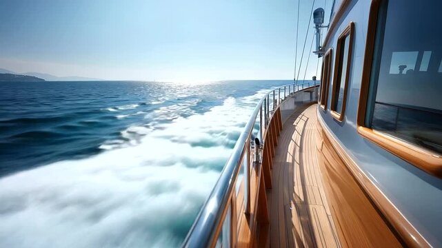 Aerial drone ultra wide tracking photo modern super yacht wooden deck cruising high speed sea luxury maritime vessel defocused ocean surface with copy space