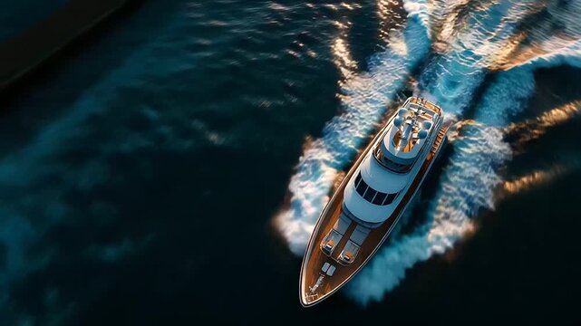 Aerial drone ultra wide tracking photo modern super yacht wooden deck cruising high speed sea luxury maritime vessel defocused ocean surface with copy space