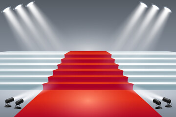 Fototapeta premium Red carpet leading to illuminated stage podium