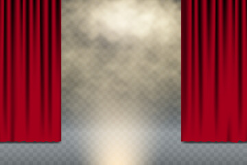Red theatre curtains opening dramatic stage with spotlight