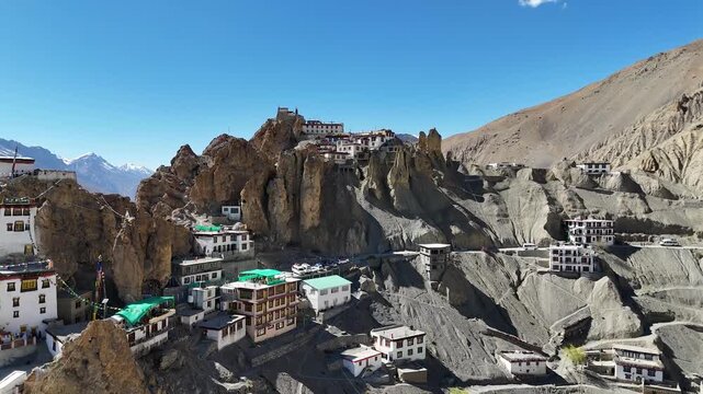 Drone Panorama of Dhankar Monastery and Surrounding Himalayan Landscape