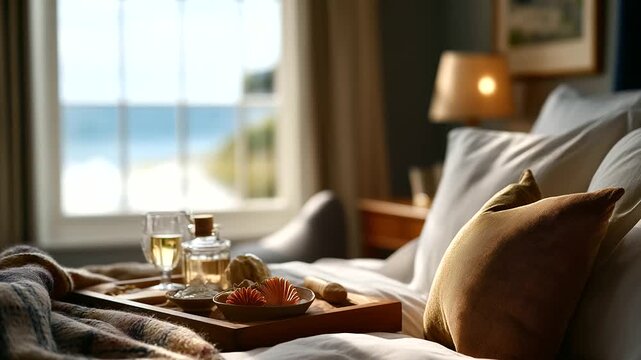 Cozy hotel room with ocean view window display peaceful scene luxury accommodation atmosphere seaside hospitality setting elegant room interior defocused coastal background
