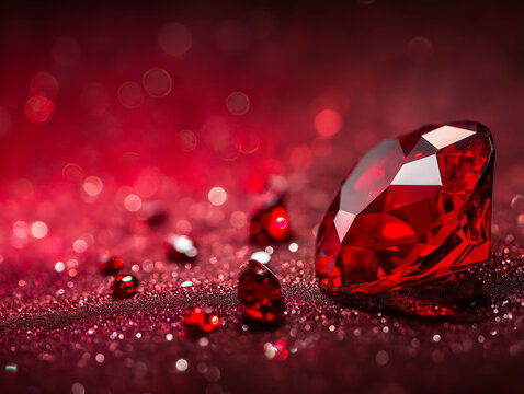 Ruby on a dark red background, a shiny large gemstone brightly shimmers with facets, the style is evening and mysterious, smaller rubies are scattered next to the large ruby