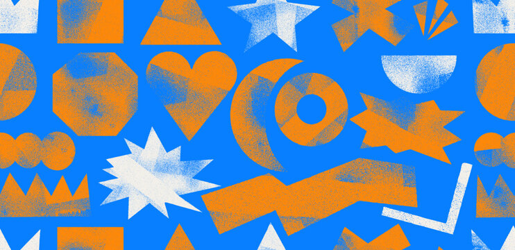 Seamless pattern grunge postage stamp shapes with linocut and ink roller texture. Handcrafted letterpress geometric forms like heart, crown, star. Rough detailed vintage linocut texture vector design.