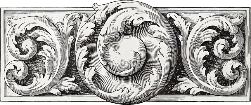 Grayscale classical frieze engraving with acanthus leaf scrolls and central orb, symmetrical ornate architectural decoration