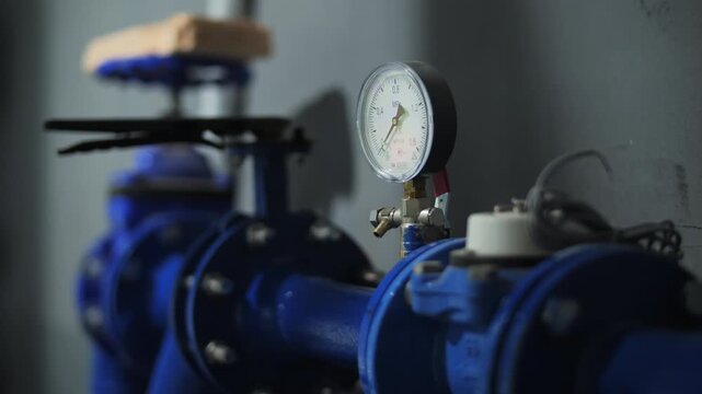 Industrial pipeline valve with pressure gauge in pumping station