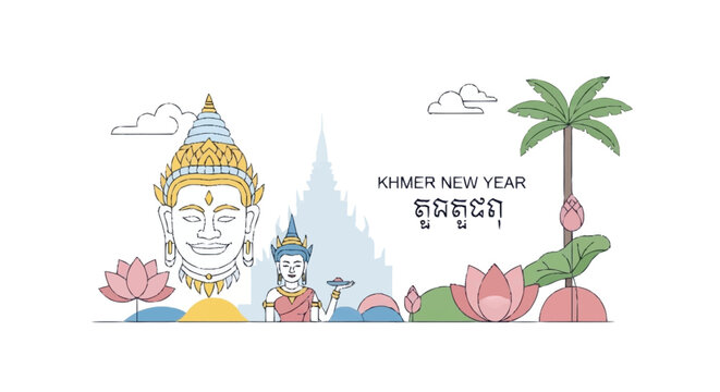 Khmer New Year celebration with Buddha statue palm tree lotus flowers temple