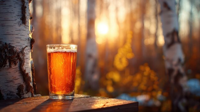 Fresh birch sap in a clear glass placed on wooden surface in a birch forest during warm sunset light, representing a natural organic beverage.