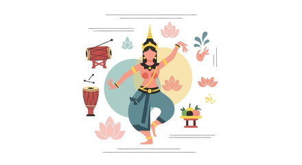 Obraz premium Thai dancer in traditional costume with drums and lotus flowers dancing 1