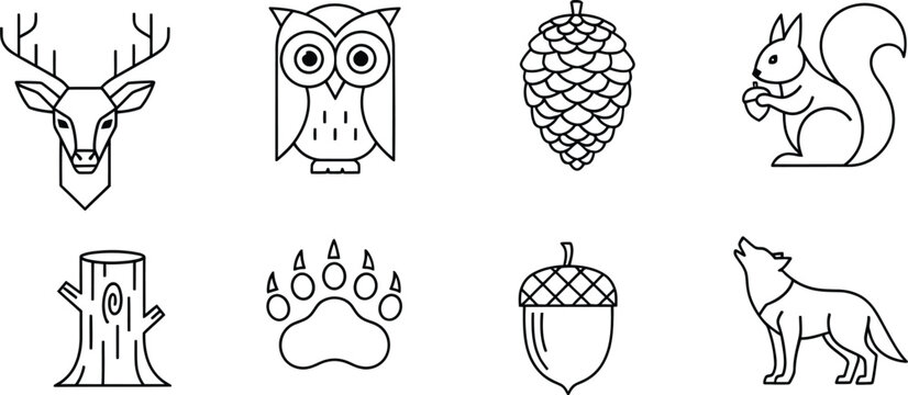 Black and white line art icons illustrating a collection of forest animals and nature elements