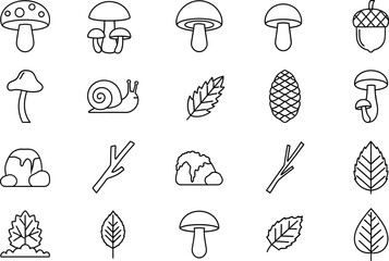 A collection of simple black and white line icons representing various elements of the forest floor. © Simu Store