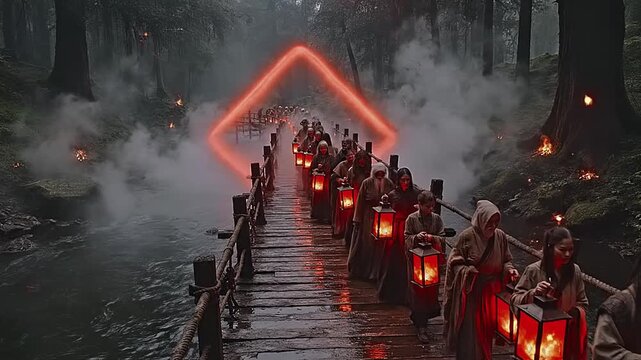 Mysterious procession of monks crossing a wooden bridge in a misty forest at night.