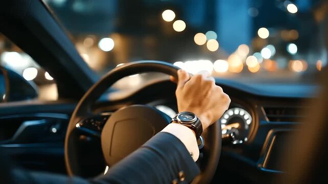 Faceless stylish man driving luxury car vibrant night cityscape atmosphere executive transportation moment urban evening lifestyle professional vehicle operation defocused