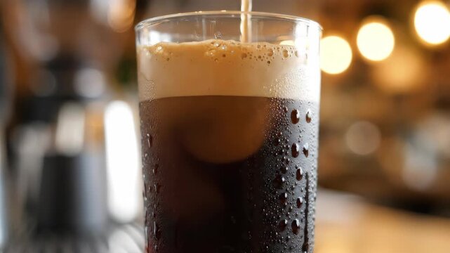 Pouring nitro cold brew coffee into glass with cascading foam and condensation drops macro