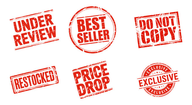 A collection of six red grunge rubber stamp icons for e-commerce and business status updates vector