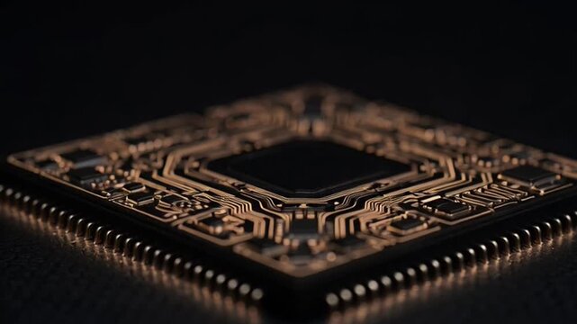A video showcasing a close-up of a computer chip's intricate circuit board design