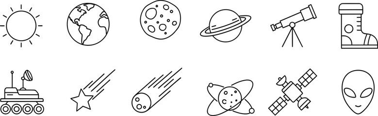 Set of line art icons depicting celestial bodies, space exploration equipment, and science fiction elements © Simu Store