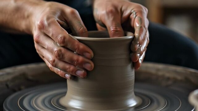 A person skillfully shapes a clay pot on a pottery wheel in a studio