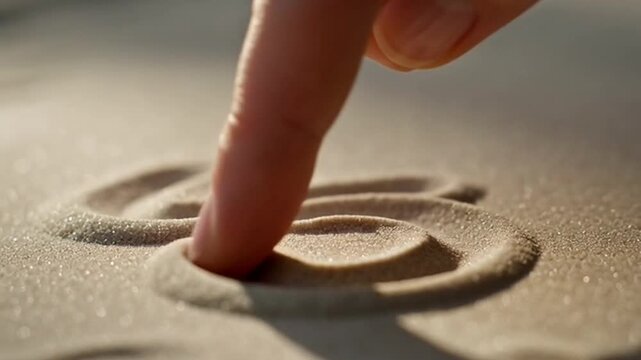 A person's finger making a small indentation in the sand on a sunny day in a serene natural setting video