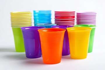 Bright plastic cups stacked in various colors arranged in groups showcasing a fun party setup with vibrant shades