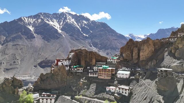 Scenic Aerial of Dhankar Monastery with Snow Capped Mountains